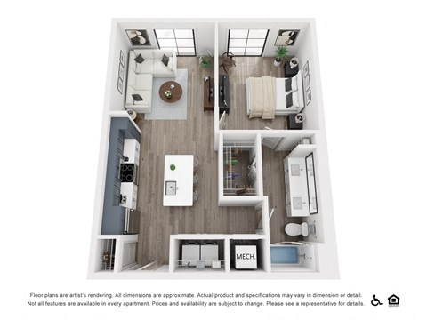 Floor plan for 1 bed, 1 bath, 841 sqft